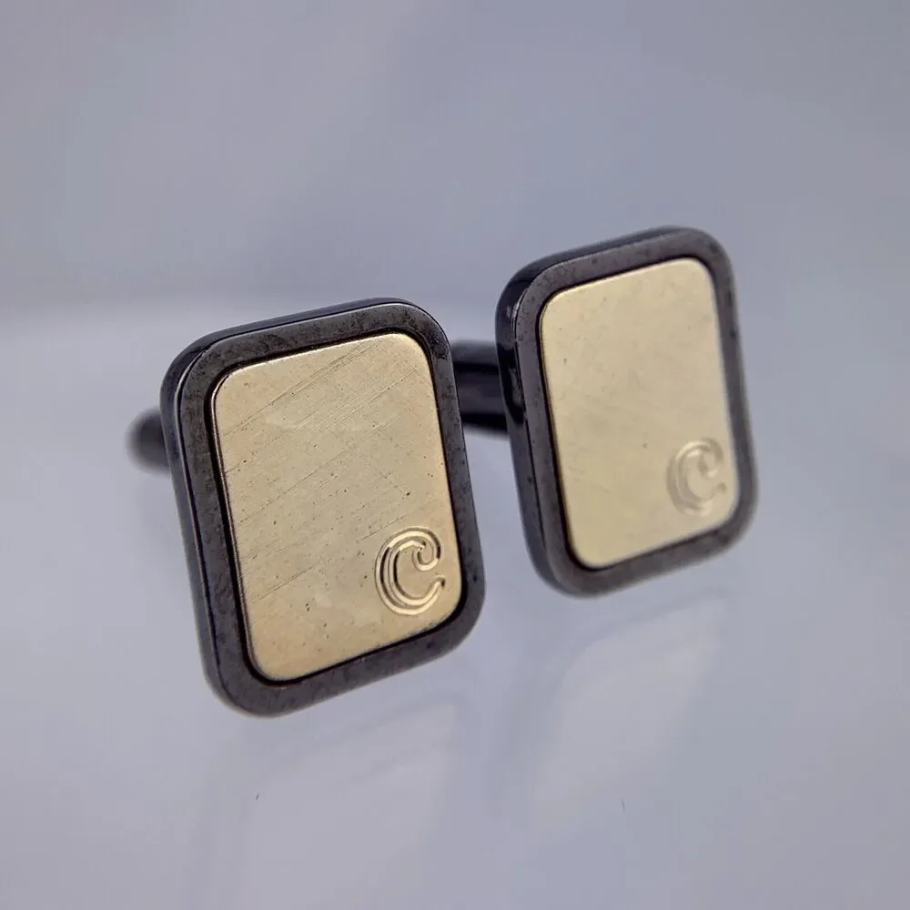 Modern C Initial Gold Tone Black Cufflinks Brushed Metal Formal Vintage
